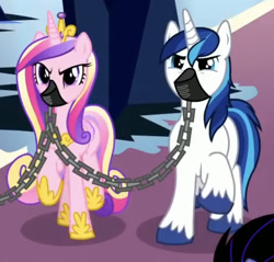 Size: 589x562 | Tagged: safe, screencap, princess cadance, shining armor, g4, the beginning of the end, chains, gag, kinky, muzzle gag