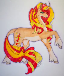 Size: 1024x1213 | Tagged: safe, artist:oneiria-fylakas, sunset shimmer, pony, g4, curved horn, horn, solo, traditional art