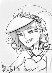 Size: 500x700 | Tagged: safe, artist:vinelly-de-sun, queen chrysalis, human, a canterlot wedding, g4, bust, clothes, disguise, disguised changeling, fake cadance, female, floral head wreath, flower, humanized, lineart, monochrome, signature, simple background, smiling, smirk, white background