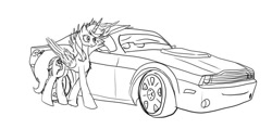 Size: 831x396 | Tagged: safe, artist:vinelly-de-sun, oc, oc only, alicorn, pony, alicorn oc, car, horn, lineart, monochrome, smiling, solo, wings