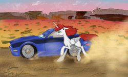 Size: 1280x768 | Tagged: safe, artist:vinelly-de-sun, oc, alicorn, pony, alicorn oc, car, cars (pixar), female, horn, mare, outdoors, running, wings