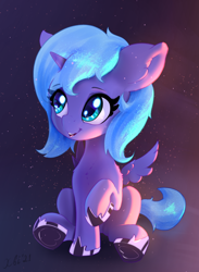 Size: 1712x2335 | Tagged: safe, artist:xbi, princess luna, alicorn, pony, g4, cute, female, filly, filly luna, gradient background, hoof shoes, lunabetes, sitting, smiling, solo, sweet dreams fuel, woona, younger