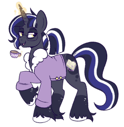 Size: 658x676 | Tagged: safe, artist:lulubell, oc, oc only, oc:somni, pony, unicorn, clothes, coffee, horn, lidded eyes, magical lesbian spawn, offspring, parent:princess luna, parent:twilight sparkle, parents:twiluna, raised hoof, robe, smiling, solo, unicorn oc