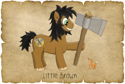 Size: 1500x1000 | Tagged: safe, alternate version, artist:malte279, oc, oc:little brown, earth pony, fox, pony, tails of equestria, axe, beard, facial hair, lore, lumberjack, npc, parchment, pen and paper rpg, robin hood, weapon