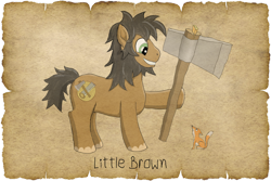 Size: 1024x683 | Tagged: safe, alternate version, artist:malte279, oc, oc:little brown, earth pony, fox, pony, tails of equestria, axe, beard, facial hair, lore, lumberjack, npc, parchment, pen and paper rpg, robin hood, weapon
