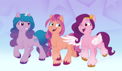 Size: 1632x952 | Tagged: safe, artist:maybehawthorn, izzy moonbow, pipp petals, sunny starscout, earth pony, pegasus, pony, unicorn, g5, abstract background, braid, female, grin, mare, one eye closed, open mouth, raised hoof, red eyes, red-eyed pipp, smiling, teeth, unshorn fetlocks, wink, wrong eye color