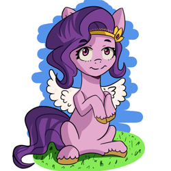 Size: 2000x2000 | Tagged: safe, artist:artiks, pipp petals, pegasus, pony, g5, female, grass, high res, looking at you, mare, raised hoof, red eyes, red-eyed pipp, sitting, solo, spread wings, unshorn fetlocks, wings, wrong eye color