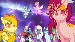 Size: 2048x1150 | Tagged: safe, artist:aleurajan, discord, spike, oc, draconequus, dragon, pegasus, pony, unicorn, g4, clothes, eyelashes, female, flower, flower in hair, glasses, hat, hoodie, horn, male, mare, pegasus oc, side hug, smiling, space, unicorn oc, winged spike, wings