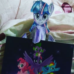 Size: 1080x1080 | Tagged: safe, artist:cats_drawings_cos, pinkie pie, rainbow dash, spike, twilight sparkle, alicorn, dragon, earth pony, pegasus, pony, g4, dragons riding ponies, female, glowing horn, horn, irl, mare, photo, riding, smiling, spike riding twilight, traditional art, twilight sparkle (alicorn), wings