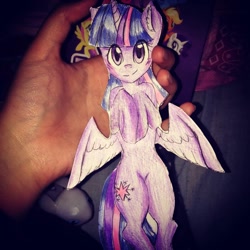 Size: 1080x1080 | Tagged: safe, artist:cats_drawings_cos, twilight sparkle, alicorn, human, pony, semi-anthro, g4, arm hooves, bipedal, ear fluff, female, horn, irl, irl human, mare, photo, smiling, traditional art, twilight sparkle (alicorn), wings