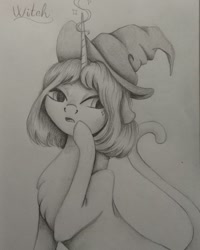 Size: 1080x1350 | Tagged: safe, artist:pony_riart, oc, oc only, cat, cat pony, original species, pony, bust, grayscale, hat, horn, inktober, inktober 2020, monochrome, solo, traditional art, witch hat