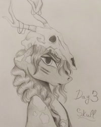 Size: 1080x1350 | Tagged: safe, artist:pony_riart, oc, oc only, earth pony, pony, antlers, bust, earth pony oc, face paint, grayscale, inktober, inktober 2020, monochrome, skull, solo, traditional art