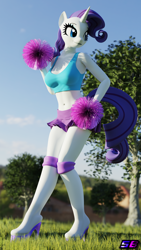 Size: 2160x3840 | Tagged: safe, artist:shadowboltsfm, rarity, unicorn, anthro, plantigrade anthro, g4, 3d, 4k, adorasexy, blender, boots, bra, breasts, cheerleader, clothes, crop top bra, cute, eyelashes, grass, high heel boots, high res, midriff, not sfm, pom pom, sexy, shoes, skirt, smiling, standing, underwear