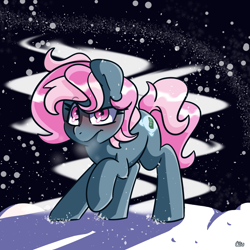 Size: 1625x1625 | Tagged: safe, artist:lou, oc, oc only, oc:juicy dream, earth pony, pony, raised hoof, snow, solo