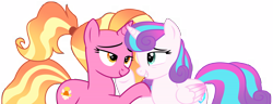 Size: 16192x6229 | Tagged: safe, artist:ejlightning007arts, luster dawn, princess flurry heart, alicorn, pony, unicorn, g4, the last problem, cute, duo, duo female, female, flurrydawn, hooves on cheeks, lesbian, looking at each other, older, older flurry heart, ponytail, shipping, simple background, teeth, transparent background, vector