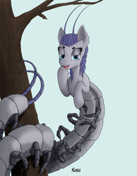 Size: 3110x3999 | Tagged: safe, artist:kviksi, oc, oc only, centipede, insect, monster pony, pony, antennae, blue eyes, cute, fangs, female, high res, looking at you, purple hair, scolopendra, solo, tree