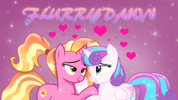 Size: 3840x2160 | Tagged: safe, artist:ejlightning007arts, luster dawn, princess flurry heart, alicorn, pony, unicorn, g4, the last problem, cute, duo, duo female, female, flurrydawn, heart, high res, hooves on cheeks, lesbian, looking at each other, older, older flurry heart, ponytail, shipping, sparkles, teeth, vector, wallpaper