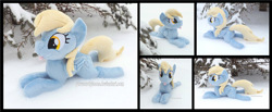 Size: 4260x1754 | Tagged: safe, artist:peruserofpieces, derpy hooves, pegasus, pony, g4, beanie (plushie), female, happy, irl, looking at you, lying down, mare, photo, plushie, prone, smiling, smiling at you, snow, solo, sploot, tongue out, tree