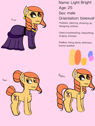 Size: 1536x2048 | Tagged: safe, artist:mintymelody, oc, oc only, oc:light bright, earth pony, pony, clothes, crossdressing, dress, femboy, male, reference sheet, solo, trap