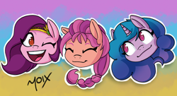 Size: 1828x992 | Tagged: safe, artist:supermoix, izzy moonbow, pipp petals, sunny starscout, earth pony, pegasus, pony, unicorn, g5, braid, eyes closed, female, mare, oh you, one eye closed, open mouth, red eyes, red-eyed pipp, signature, trio, wink, wrong eye color