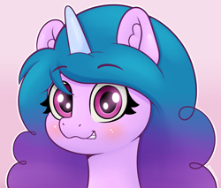 Size: 4000x3400 | Tagged: safe, artist:yelowcrom, izzy moonbow, pony, unicorn, g5, bust, ear fluff, eyelashes, female, high res, looking at you, mare, pink background, simple background, solo