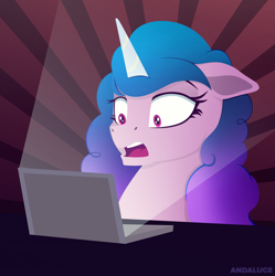 Size: 2213x2223 | Tagged: safe, artist:andaluce, izzy moonbow, pony, unicorn, g5, computer, female, floppy ears, gasp, high res, mare, open mouth, shocked, shocked expression, solo, sunburst background, text