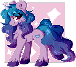 Size: 2151x1897 | Tagged: safe, artist:woonborg, izzy moonbow, pony, unicorn, g5, cheek fluff, chest fluff, ear fluff, eyelashes, female, hoof fluff, mare, profile, smiling, solo, sparkles, unshorn fetlocks