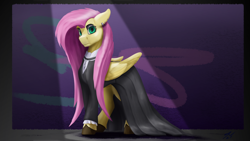 Size: 3840x2160 | Tagged: safe, artist:tenebrisnoctus, fluttershy, pegasus, pony, fake it 'til you make it, g4, clothes, ear piercing, earring, female, fluttergoth, goth, high res, jewelry, looking at you, piercing, solo