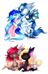 Size: 2760x4220 | Tagged: safe, artist:minelvi, oc, oc only, alicorn, bat pony, pony, alicorn oc, bat pony oc, clothes, ear fluff, eyelashes, eyes closed, horn, lying down, prone, scarf, signature, simple background, transparent background, wings