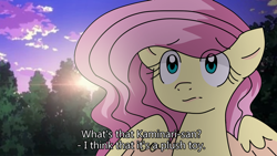 Size: 1280x720 | Tagged: dead source, safe, artist:cherritoppu, fluttershy, pegasus, pony, g4, anime, backlighting, bust, cute, dialogue, fake screencap, female, looking at someone, looking at you, mare, my hero academia, offscreen character, outdoors, shyabetes, solo, spread wings, subtitles, sunset, wallpaper, wings