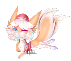 Size: 3388x2940 | Tagged: safe, artist:minelvi, oc, oc only, hybrid, pony, chest fluff, clothes, hat, high res, multiple tails, one eye closed, signature, simple background, smiling, socks, solo, striped socks, transparent background, underhoof, wink