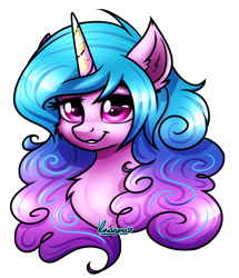 Size: 1820x2115 | Tagged: safe, artist:kruszynka25, izzy moonbow, pony, unicorn, g5, bust, cheek fluff, chest fluff, ear fluff, female, looking at you, mare, portrait, signature, simple background, smiling, solo, transparent background