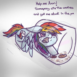 Size: 2048x2048 | Tagged: safe, artist:ledwine glass, rainbow dash, pegasus, pony, g4, blatant lies, cookie, cookie jar, crumbs, cursed comments, cute, dashabetes, food, high res, implied anon, jar, oh no, sketch, solo, stuck, text, the implications are horrible