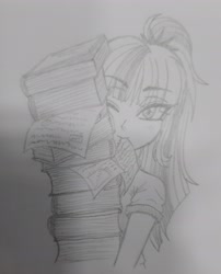 Size: 2250x2780 | Tagged: safe, artist:katanis, sci-twi, twilight sparkle, equestria girls, g4, book, female, high ponytail, high res, monochrome, mouth hold, one eye closed, paper, sketch, smiling, solo, traditional art