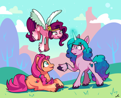 Size: 1950x1575 | Tagged: safe, artist:docwario, izzy moonbow, pipp petals, sunny starscout, earth pony, pegasus, pony, unicorn, g5, female, flying, glowing horn, horn, looking at each other, lying down, mare, open mouth, outdoors, raised hoof, red eyes, red-eyed pipp, smiling, spread wings, standing, trio, unshorn fetlocks, wings, wrong eye color