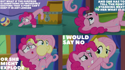 Size: 1280x720 | Tagged: safe, edit, edited screencap, editor:quoterific, screencap, fluttershy, pinkie pie, earth pony, pegasus, pony, g4, the one where pinkie pie knows, ball, duo, duo female, female, gritted teeth, mare, no, open mouth, puffy cheeks, teeth, treasure chest, worried