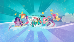 Size: 2048x1152 | Tagged: safe, screencap, applejack, fluttershy, pinkie pie, rainbow dash, rarity, twilight sparkle, alicorn, earth pony, pegasus, pony, unicorn, g4.5, my little pony: pony life, official, discovery family logo, hasbro, mane six, my little pony logo, stars, twilight sparkle (alicorn), youtube banner