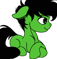 Size: 399x418 | Tagged: safe, colorist:rautamiekka, editor:rautamiekka, oc, oc only, oc:colt anon, earth pony, pony, adoranon, black mane, black outlines, colored, colt, crossed hooves, crossed legs, cute, ear fluff, earth pony oc, floppy ears, green coat, green eyes, male, missing cutie mark, monochrome, simple background, small resolution, smiling, solo, white background