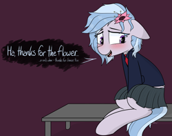 Size: 3000x2364 | Tagged: safe, artist:pinkberry, oc, oc only, oc:winter azure, earth pony, pony, braces, clothes, colt, crossdressing, cute, dialogue, earth pony oc, eyelashes, floppy ears, flower, flower in hair, girly, high res, jacket, male, ocbetes, school uniform, skirt, solo, speech, talking, text, trap