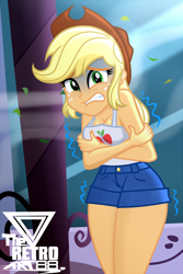 Size: 900x1350 | Tagged: safe, artist:theretroart88, applejack, equestria girls, equestria girls series, g4, street chic, spoiler:eqg series (season 2), breasts, busty applejack, cleavage, clothes, cold, cowboy hat, crossed arms, curvy, denim shorts, female, fetish fuel, freckles, freezing, gritted teeth, hat, leaves, outdoors, scene interpretation, sexy, shivering, shorts, sleeveless, solo, tank top