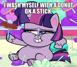 Size: 600x522 | Tagged: safe, edit, edited screencap, screencap, twilight sparkle, alicorn, pony, g4.5, my little pony: pony life, pie vs. pie, caption, dough-cup-pop, fat, female, i wash myself with a rag on a stick, image macro, male, solo, teeth, text, the simpsons, twilard sparkle, twilight sparkle (alicorn)