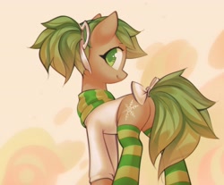 Size: 3269x2705 | Tagged: safe, artist:mirroredsea, oc, oc only, oc:evergreen breeze, earth pony, pony, bow, butt, clothes, female, green eyes, high res, light brown coat, looking at you, mare, multicolored hair, plot, ponytail, scarf, shirt, smiling, socks, solo, striped socks, tail bow