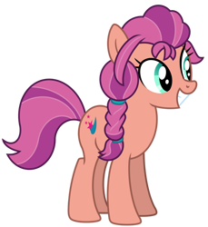 Size: 1024x1118 | Tagged: safe, artist:emeraldblast63, sunny starscout, earth pony, pony, g4, g5, backwards cutie mark, braid, female, g5 to g4, generation leap, mare, show accurate, simple background, smiling, solo, transparent background