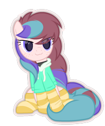 Size: 1000x1200 | Tagged: safe, artist:ponkus, oc, oc only, oc:fundip, earth pony, pony, :3, closed mouth, clothes, cute, eyes open, eyeshadow, female, hoodie, jewelry, looking at something, makeup, mare, necklace, simple background, socks, solo, striped socks, transparent background