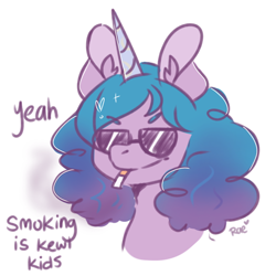 Size: 768x768 | Tagged: safe, artist:kokoaapuff, izzy moonbow, pony, unicorn, g5, cigarette, dialogue, female, glasses, smoking, solo, this will end in cancer