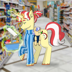 Size: 1024x1024 | Tagged: safe, artist:usagi-kinnie, flim, oc, oc:ruby rhapsody, pony, unicorn, g4, baby, baby carrier, baby pony, basket, duo, father and child, father and daughter, female, filly, levitation, magic, male, offspring, parent:flim, parent:sapphire shores, shopping, stallion, telekinesis