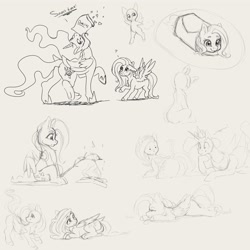 Size: 4000x4000 | Tagged: safe, artist:miokomata, fluttershy, princess celestia, alicorn, fish, pegasus, pony, g4, burrito, butt, campfire, chips, dock, doritos, duo, flutterbutt, food, freckles, freckleshy, grayscale, large butt, lying down, majestic as fuck, meat, monochrome, mouth hold, plot, ponies eating meat, pony burrito, prone, question mark, sitting, sketch, sploot, sunbutt, tail