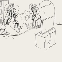 Size: 4000x4000 | Tagged: safe, artist:miokomata, princess celestia, princess luna, alicorn, pony, g4, beanbag chair, drink, duo, eating, female, food, grayscale, mare, monochrome, royal sisters, sandwich, siblings, sisters, sitting, television