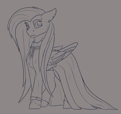 Size: 1600x1504 | Tagged: safe, artist:tenebrisnoctus, fluttershy, pegasus, pony, g4, clothes, dress, ear piercing, earring, female, fluttergoth, gray background, grayscale, jewelry, lineart, mare, monochrome, piercing, simple background, solo