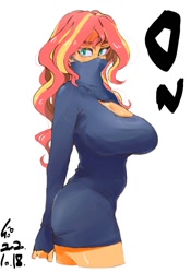 Size: 700x1000 | Tagged: safe, artist:sozglitch, sunset shimmer, equestria girls, g4, big breasts, breasts, busty sunset shimmer, cleavage, face mask, female, huge breasts, long sleeves, looking at you, mask, simple background, solo, sweater dress, white background